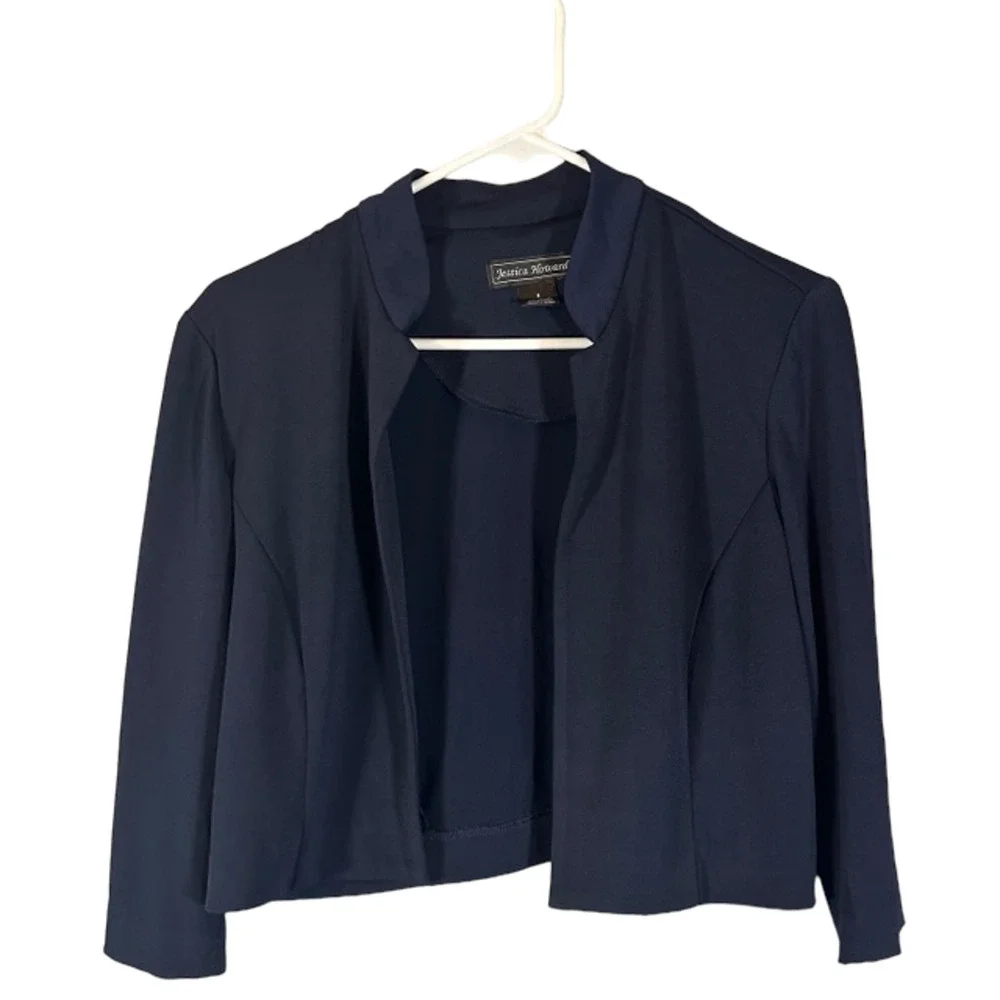 Jessica Howard Navy Blue Long Sleeve Opened Front Mock Neck Shrub Women Sz 6